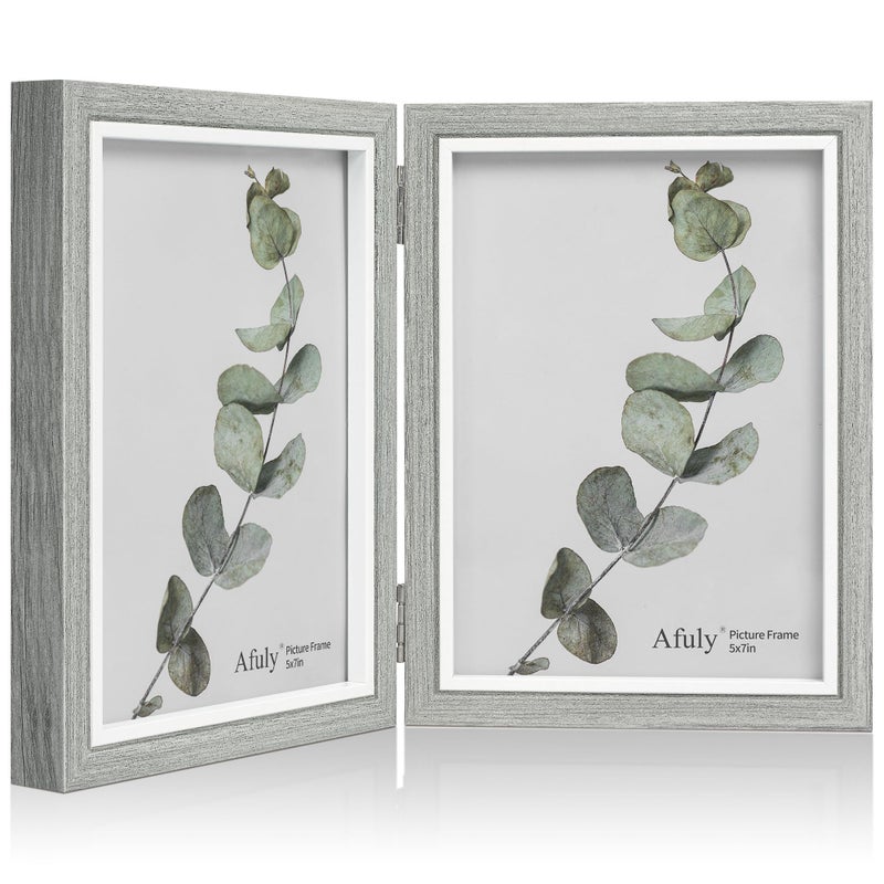 Afuly 5x7 Picture Frame Grey Double Wooden Hinged Photo Frames 2 Openings Tabletop Display Desk Picture Frames Modern Decor Wedding Birthday Christamas Gifts for Women Mom Family Friends - Image 1